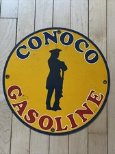 OLD VINTAGE YELLOW CONOCO GASOLINE PORCELAIN ENAMEL GAS PUMP ADVERTISING SIGN 