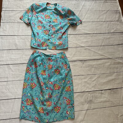 Vintage Adrianna Papell bright floral blue 100% silk top & skirt set size 12