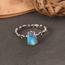 Aurora Opal Wave Band Ring Sterling Silver Teardrop Engagement Ring Gift For Her