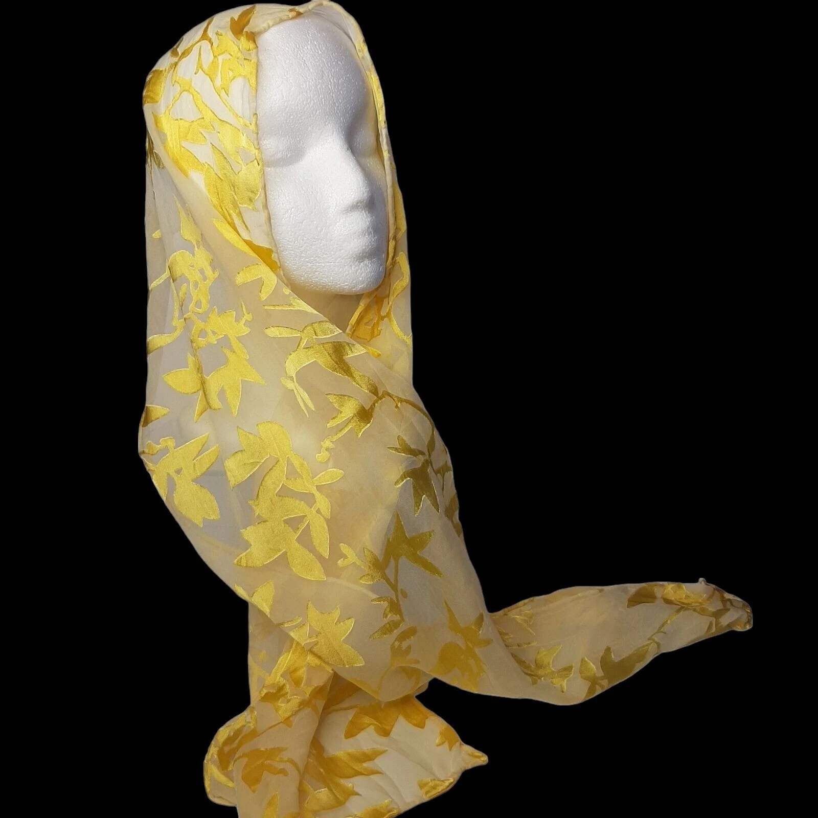 Hand Painted Silk Scarf 56x11" Golden Yellow Leaves Spring Botanical NEW