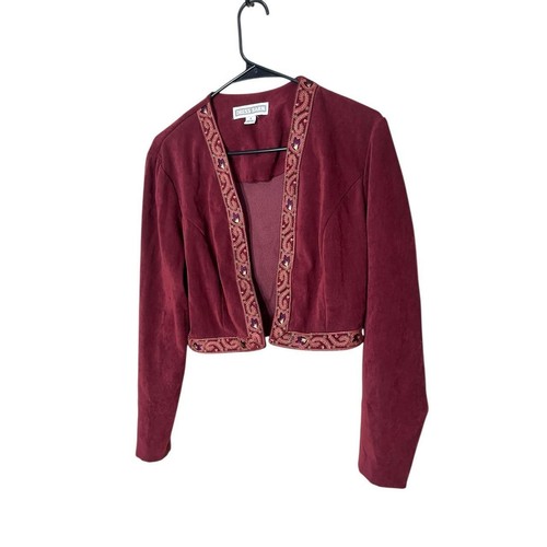 Vintage Dress Barn Burgundy Embroidered Trim Jacket 2 Piece 90s Midi Dress Set 8 - Picture 7 of 11