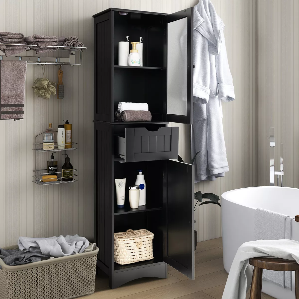 Costway Wooden 4 Drawer Bathroom Cabinet Storage Cupboard 2 Shelves Free  Standing White 