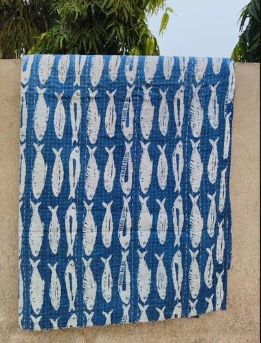 Indian Blue Indigo King Size Kantha Quilt Block Print Blanket Bedspread Throw - Picture 2 of 2