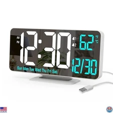 KOSUMOSU 6.7" White Digital LED Alarm Clock - Dimmable, 12/24 Hour, Date, Temp