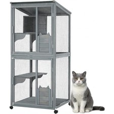 69" Cat Enclosure with Wooden Cabin, Roof Casters, Sturdy Steel Frame for Home