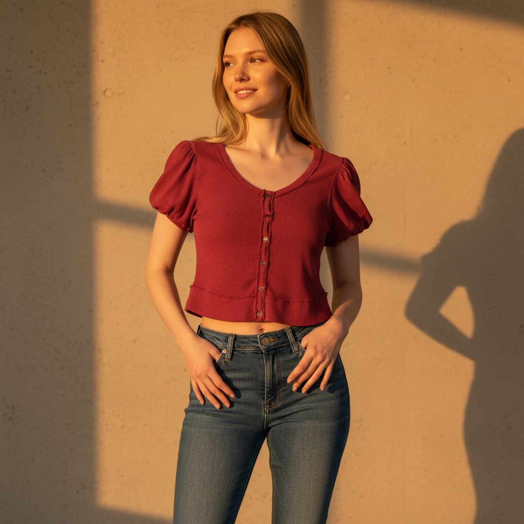 We The Free by Free People Puff Sleeve Button Front Top XS Rose Pink Ribbed Knit