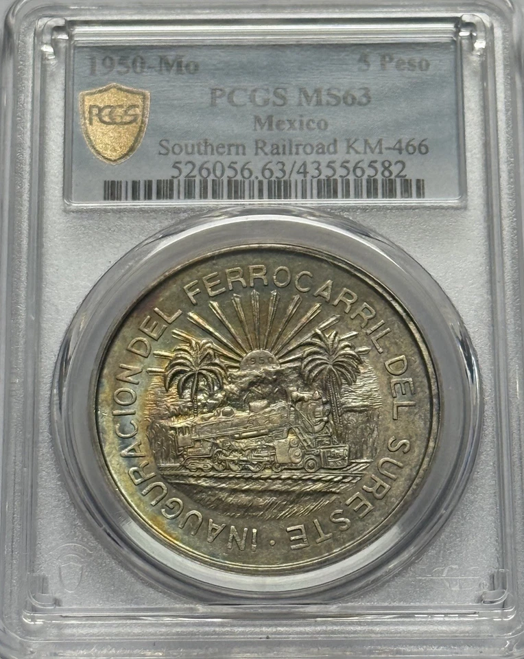 1950-México Prata 5 Pesos-Estrada de Ferro do Sudeste-PCGS MS 63-Elite Tom Colorido - Imagem 4 de 4