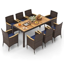 9PCS Outdoor Dining Set w/ Acacia Wood Table Top Patio Dining Set for 8 People