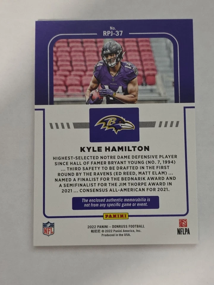2022 Panini Donruss - Rookie Phenom Jerseys Kyle Hamilton #RPJ-37 (MEM, RC) - Image 2 of 4