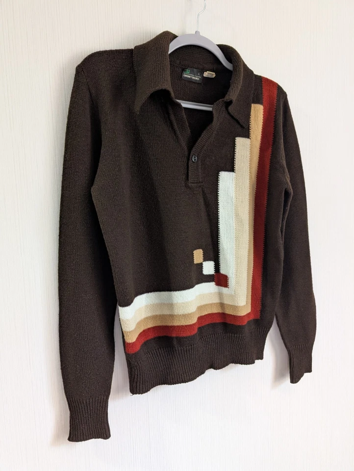 Suéter Pullover Acrílico Coronet Informal Marrón Geométrico Mod Disco L Años 60 70 Foto 3 de 4