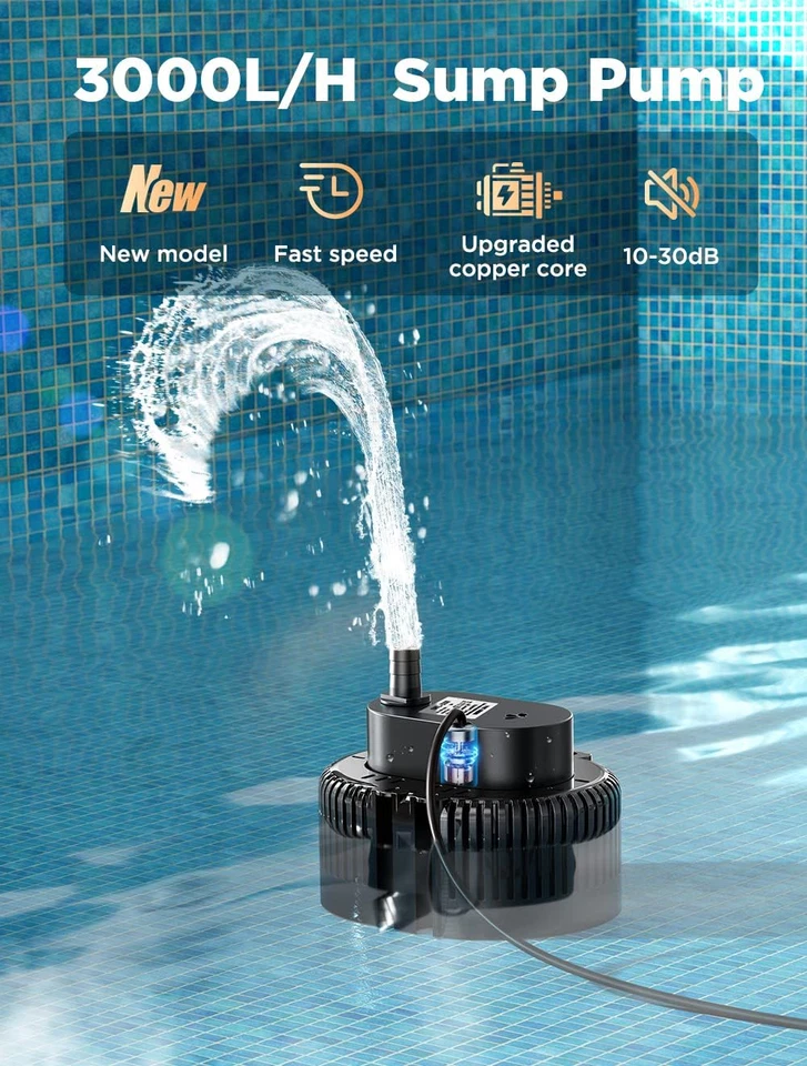 Pompa Immersione 140W 5110L/H Pompa Svuota Telo Piscina Ultra Silenziosa Pompe S - Immagine 3 di 4