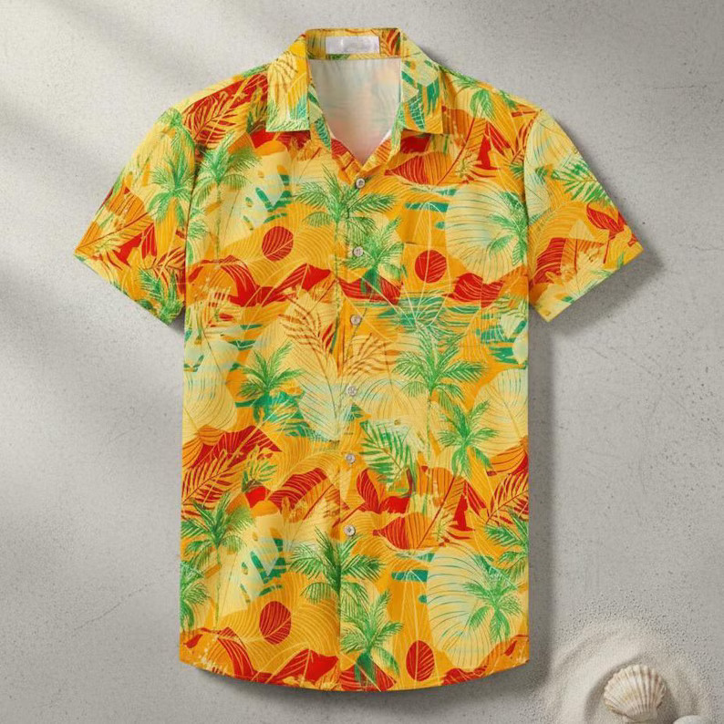 Leaf Yellow Hawaiian Shirt Men Beach Tropical Aloha Summer Vacation