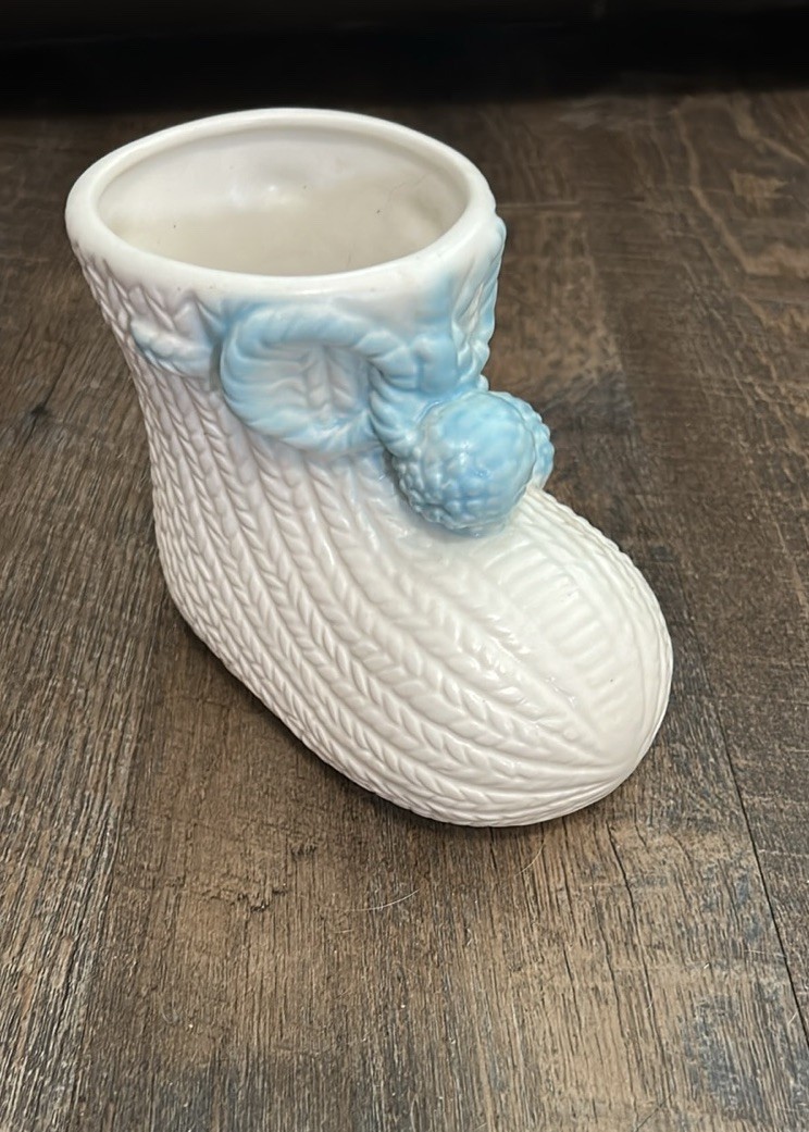 Vintage Blue Ceramic Baby Bootie Planter with Knitted Sock MCM Nursery Pot