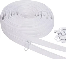 10Yards White Nylon Coil Zipper by the Yards, #3 Bulk Zippers for DIY Sewing Cra