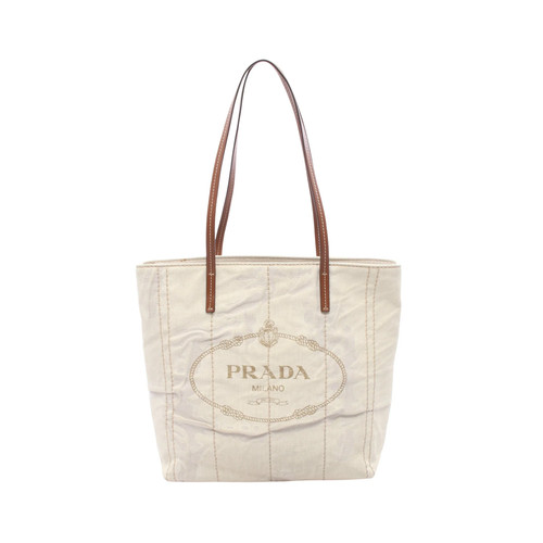 PRADA MISTOLINO VITEL Canvas Leather Shoulder Tote Bag Ivory Brown Used