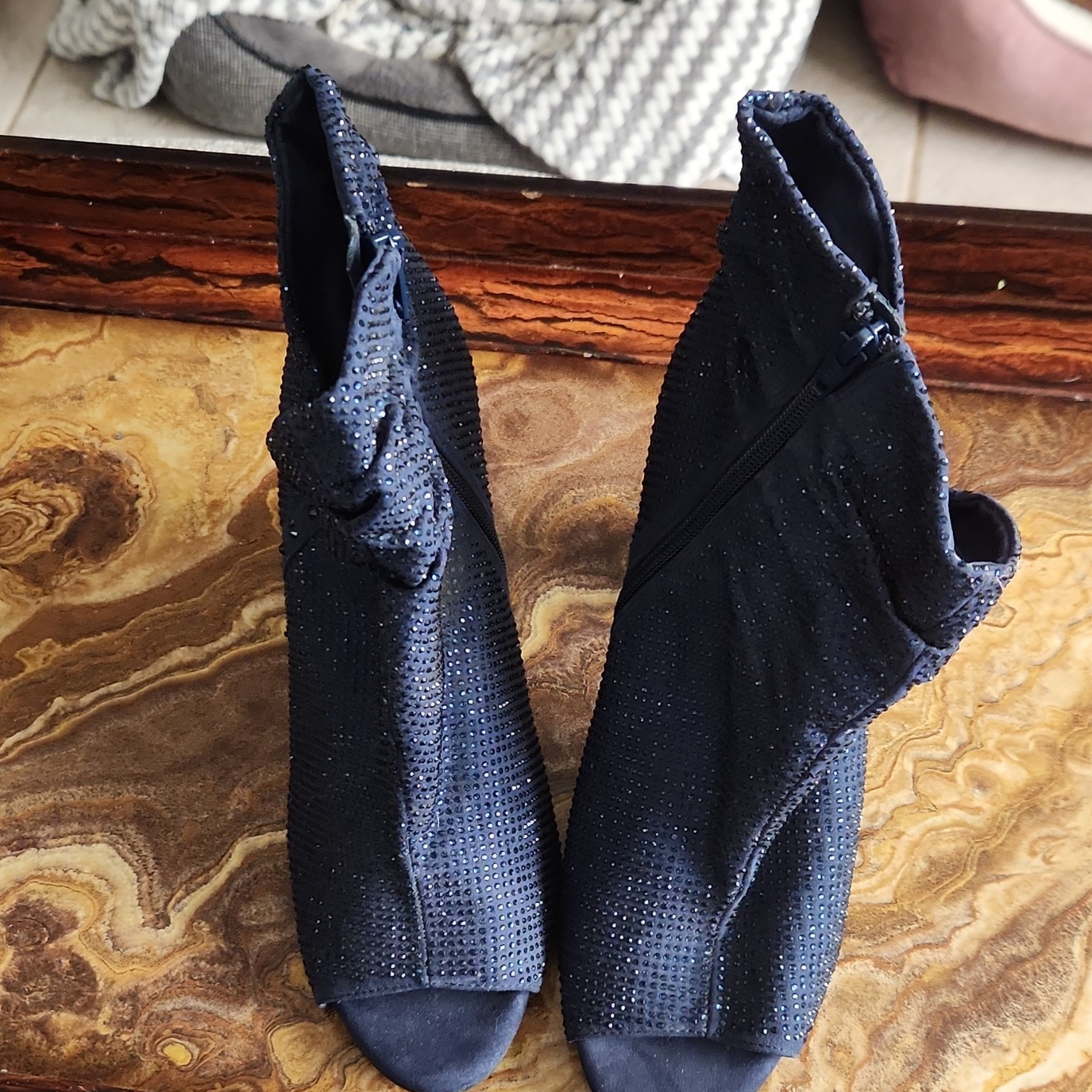 Gianni Bini Navy Rhinestone Block Heel Ankle Bootie Zip Synthetic Women's Boots