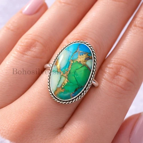 Peacock Dahlia Turquoise Gemstone 925 Sterling Silver Handmade Women Rings #548