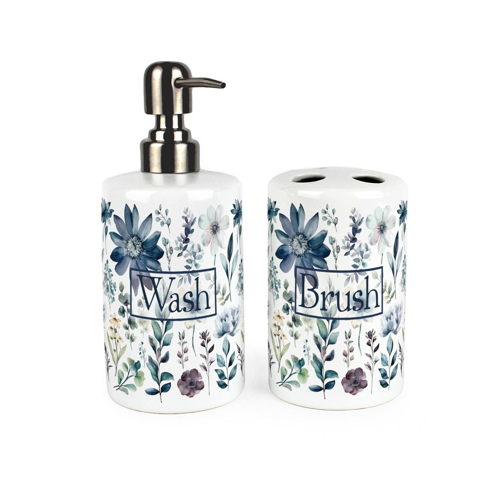 Pastel Blue Flowers Bathroom Set - Blue Ceramic Soap Bottle & Toothbrush Holder