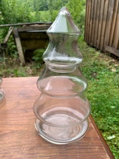 Vintage Glass Lidded Christmas Tree Shape Candy Container Jar 8 1/4 Inches tall