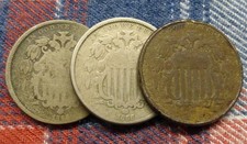 Lot of 3 Shield Nickels, 1866 & 1867, 3 United States of America 5-Cent Coins