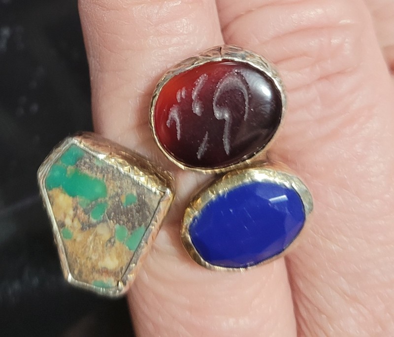 Tri Color Stone 925 Gold Plated Ring With  Inscribed Stone Size 
