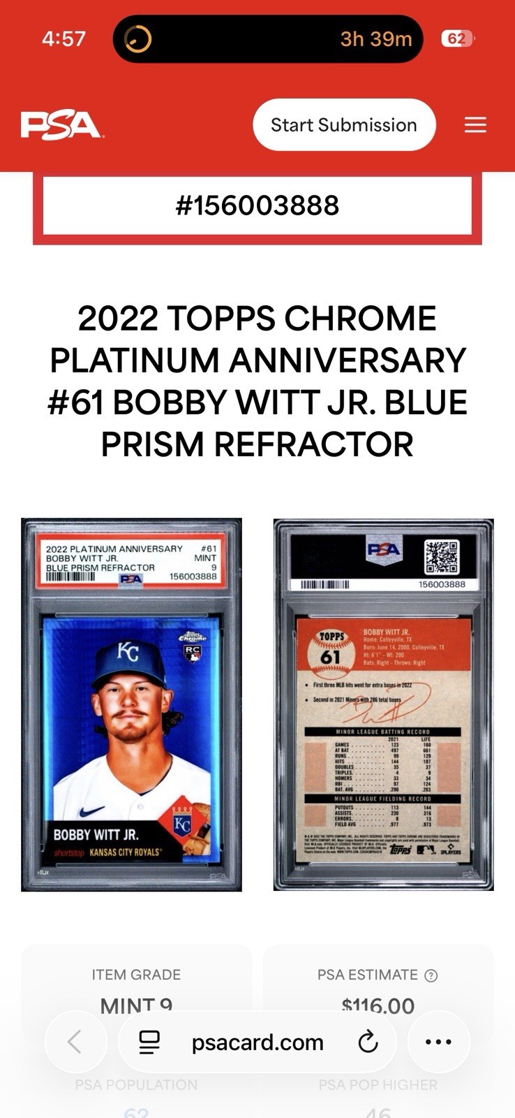 2022 Topps Chrome Platinum Anniversary - Bobby Witt Jr. #61 Blue Prism Refractor view 3