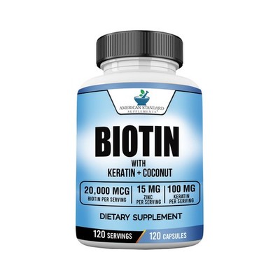 Biotin 20,000mcg + Keratin + Organic Coconut + Zinc - 120 Veggie Capsules - USA