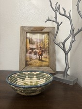 Handmade Woven Fiber Round Storage Basket 8in Green Beige Blue Textured Pattern
