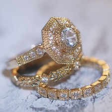 3pcs/set 18k Yellow Gold Plated Rings for Women Jewelry Cubic Zirconia Size 6-10