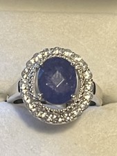 Oval 3CTW Simulated Blue Sapphire Double Halo White Gold Plated Ring Size 8 NEW