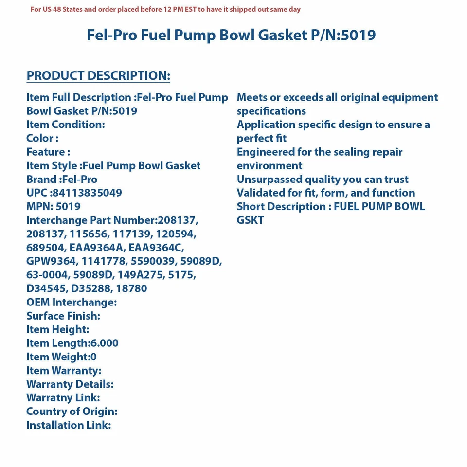 Junta de tazón de bomba de combustible Fel-Pro 5019 | Parte automática de alta calidad, ajuste universal para M Foto 4 de 4