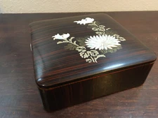 Japan Bento Box, Wood Grain Finish w Applied Flowers & Glitter, Vintage Trinket