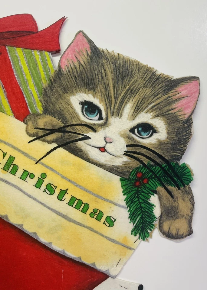 复古 50/60 年代圣诞猫老鼠毛毡长袜门窗商店装饰罕见 — 第 2/4 张图片