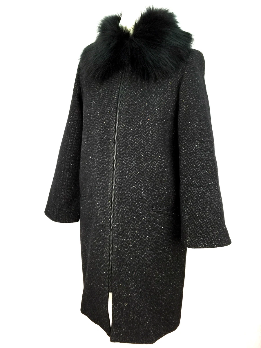 Zara Noir Manteau Laine Col Fourrure Taille M Ref 8307 667