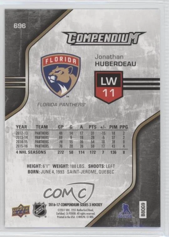 2016-17 Upper Deck Compendium Gold Jonathan Huberdeau #696 - Image 2 of 2