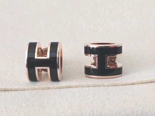 Hermès Mini Pop H Earrings Black Lacquer Rose Gold Plated RGHW Studs + COA