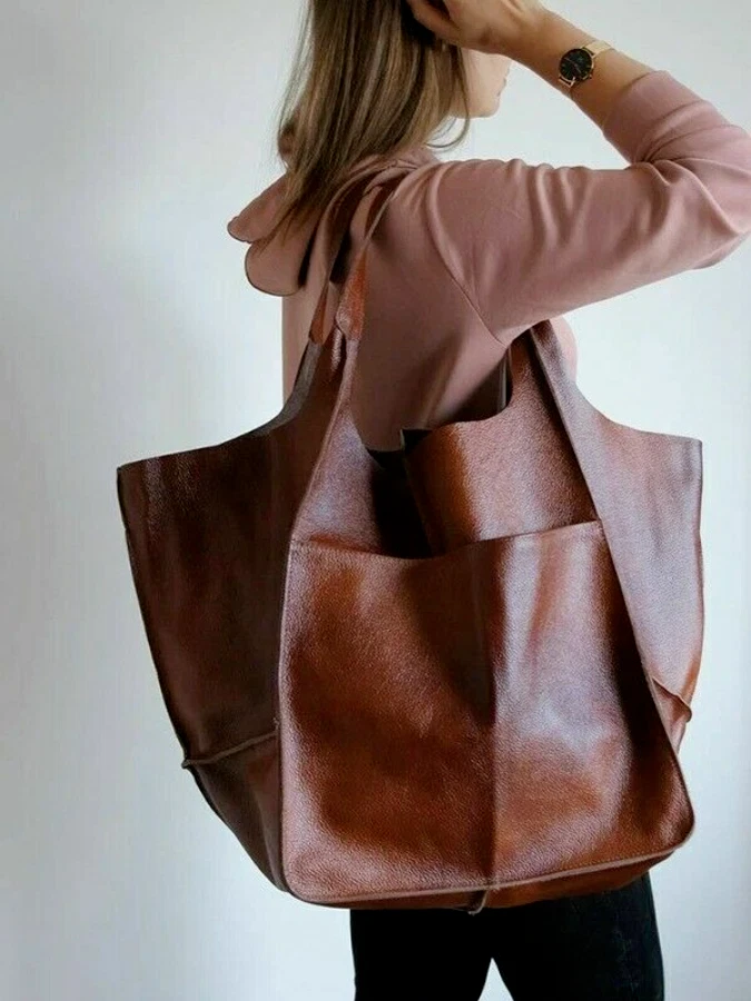 Casual Large Capacity Shopping Bags Soft Leather Tote Shoulder Bag Handbag Women - Image 3 of 4