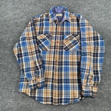 Vintage Sears Men s L Blue Tan Plaid Flannel Lined Pockets Button Up Shirt