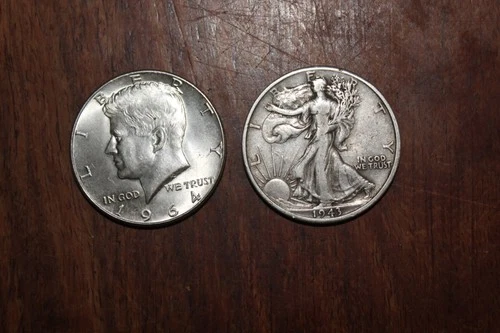 Silver Half Dollar Lot ( 2 Coins)  Kennedy 1964 & Walking Liberty 1943 - D  Fine