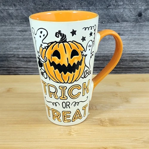 Halloween Coffee Mug Orange Black Trick or Treat Jack-o-Lantern Tea Cup Blue Sky