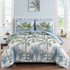 Botanical Comforter Set Queen, 7 Pieces Blue Palm Tree Bed in a Bag, Reversiable
