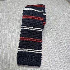 Mens Knit Square End Tie Navy Red Stripe Retro 80s Preppy Style