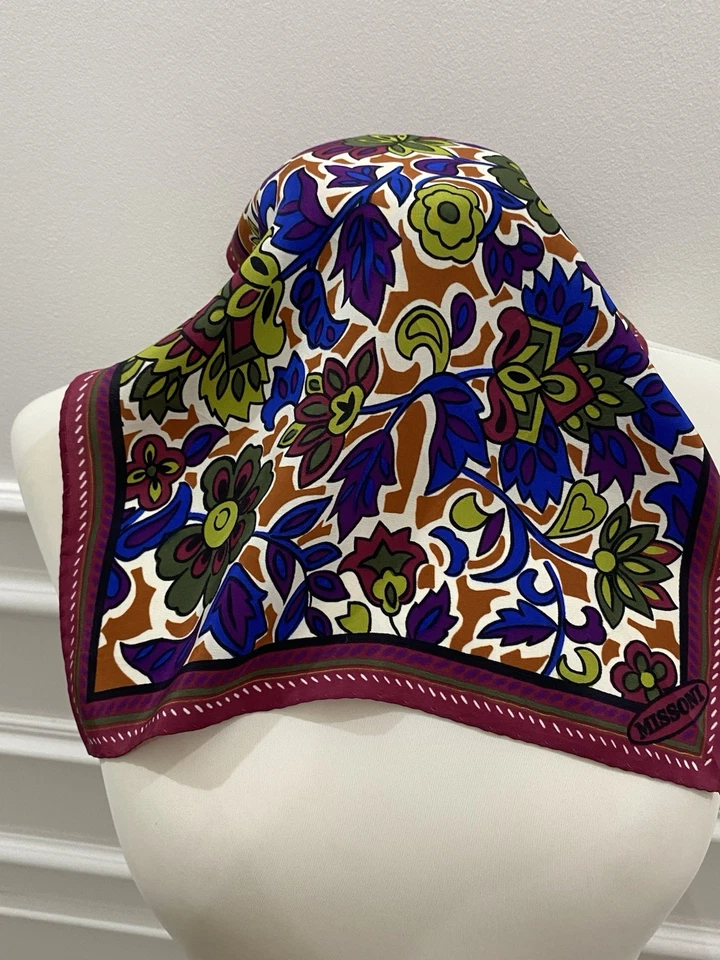 S9#MISSONI Vintage Floral Multicolor Silk Scarf 12 Inch - Image 3 of 4