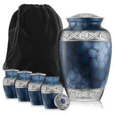 Set of 5 Decorative Cremation Urns - 1 Adult 4 Keepsake, Blue