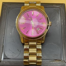 Michael Kors Golden Runway Watch Womens 38mm Pink Dial MK-5801 New Battery W/Box