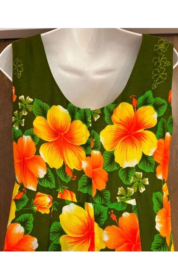 Vestido maxi vintage Pomare verde havaiano laranja floral sem mangas pregas traseiras 12 - Imagem 4 de 4