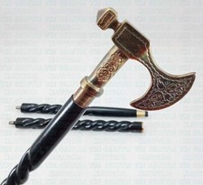 Victorian Hand Carved Spiral Black Wooden Cane Viking Axe Handle Walking Stick