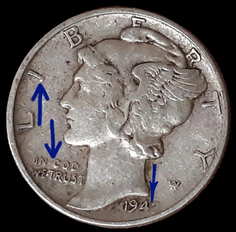 Erros de dez centavos de mercúrio 1942/41: chips LJBERTY-Die O & R-preenchidos na data, DEUS na Moto - Imagem 2 de 4