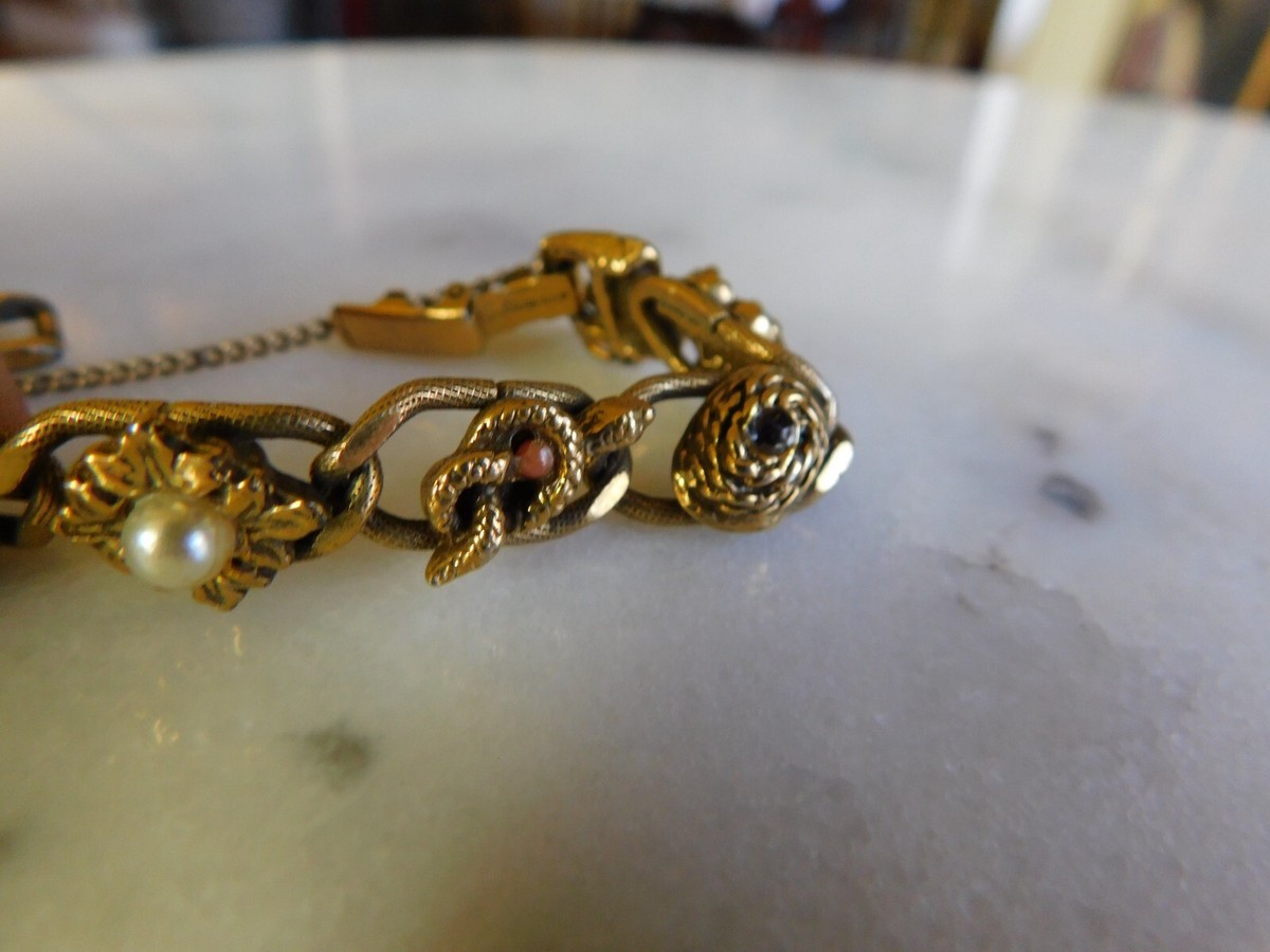 Vintage Goldette NY Flower Charm Cameo Link Bracelet w