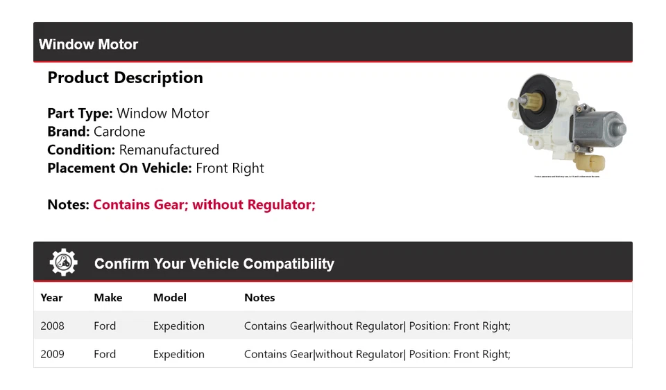 Motor de ventana delantero derecho cardone para Ford Expedition 2008-2009 Foto 2 de 4